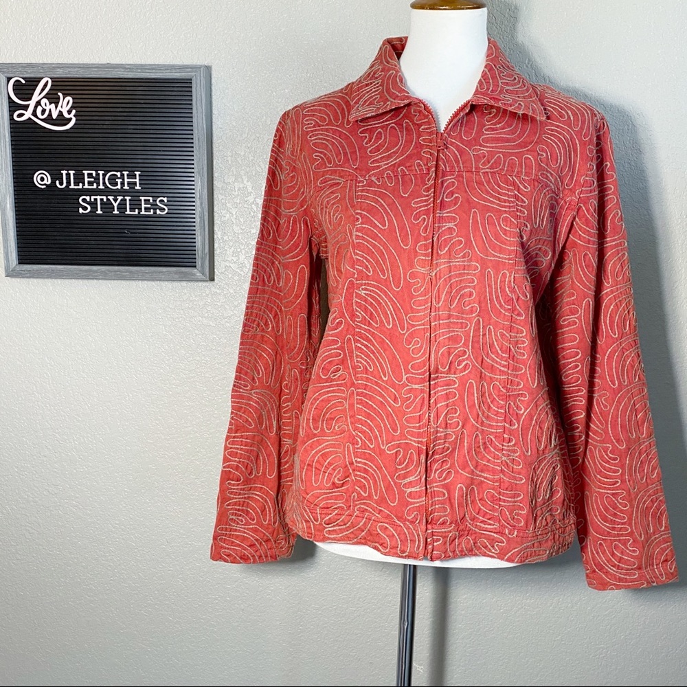 Vintage Tantrums Red Denim Swirl Embroidered Jacket Zip Front Med